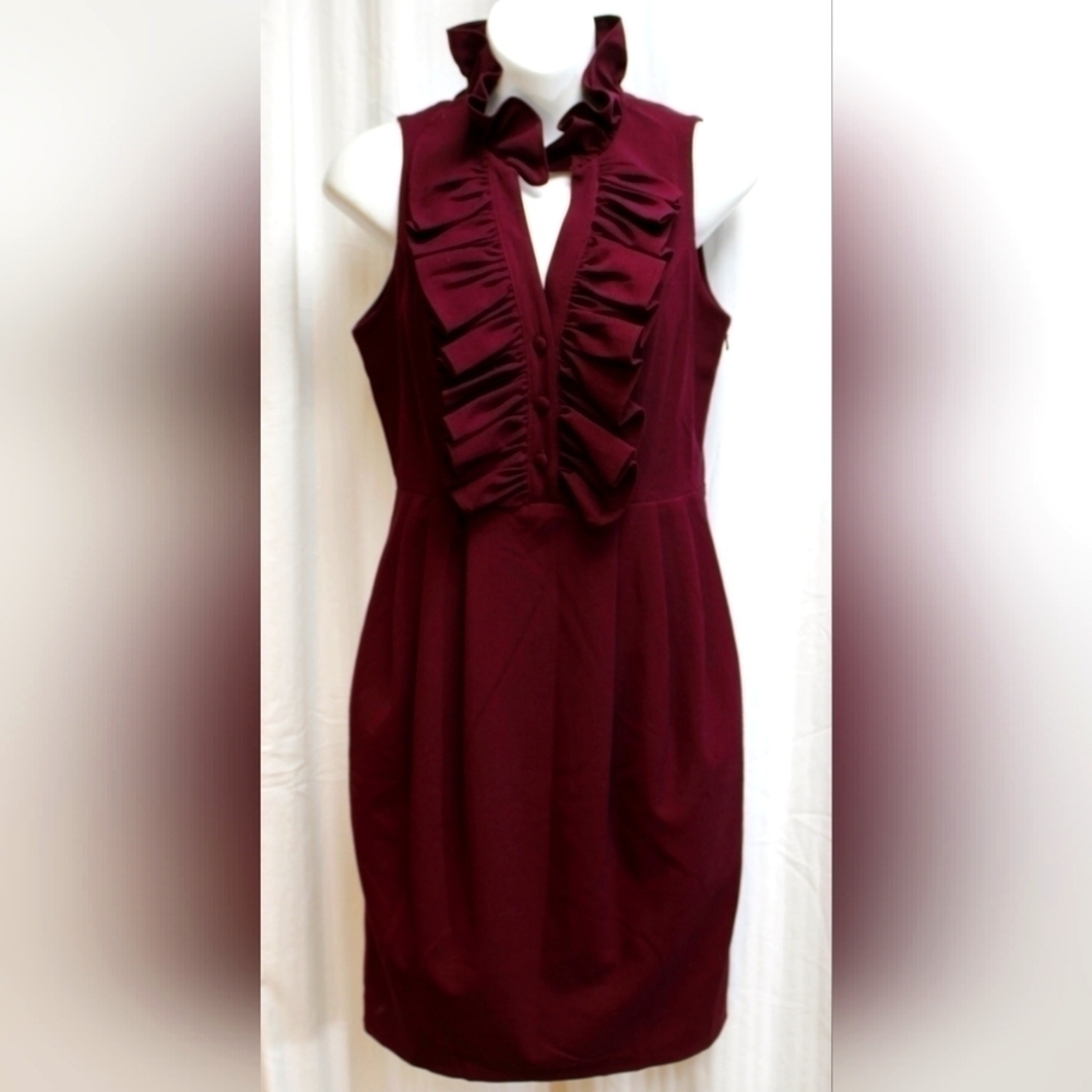 ANDREW Marc Maroon Sleeveless High Ruffle Neck Dress